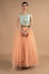 Coral And Powder Blue Lehenga