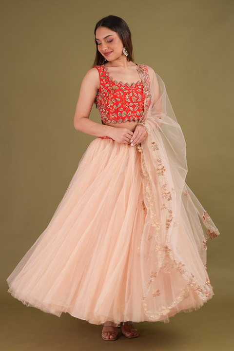 Peach Lehenga With Orange Blouse