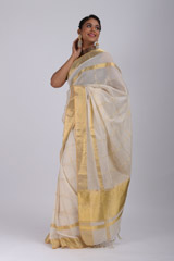 White checks gold border saree