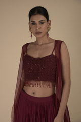 Maroon Embellished Lehenga With Cape_DTR9431