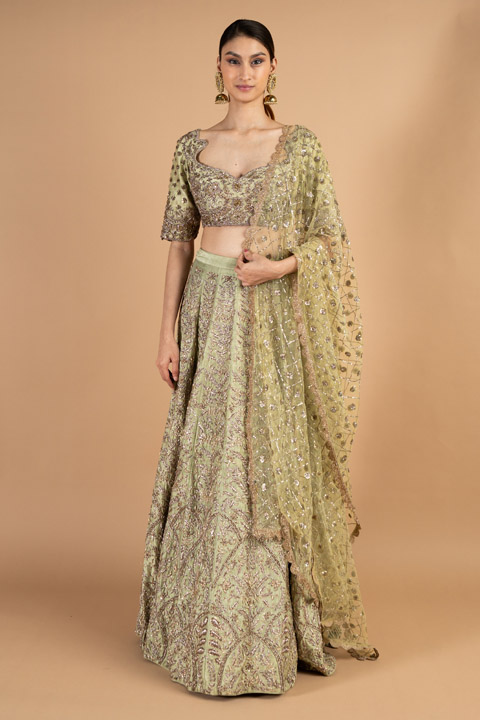 Green Embroidered Lehenga Set