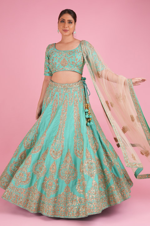 Turquoise Raw Silk Lehenga