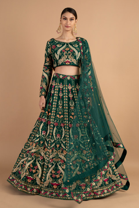 Green Raw Silk Lehenga
