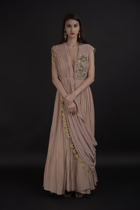Beige Pleated Ruffled Gown