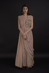 Beige Pleated Ruffled Gown