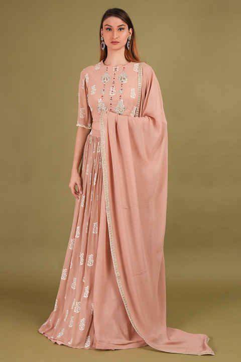 Beige Printed Ruffle Lehenga