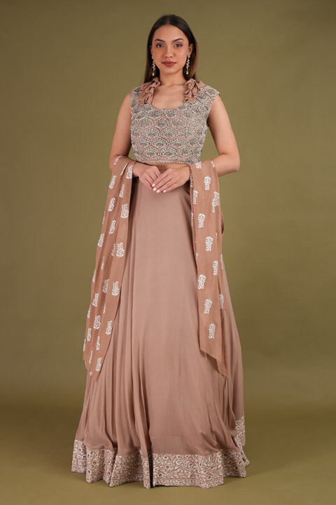 Nude Frill Neck Blouse With Lehenga