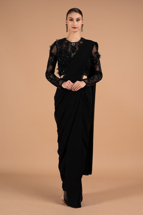 Black Feather Saree Gown