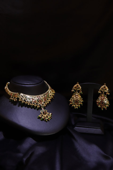 Jadau Set With Red & Green Beads