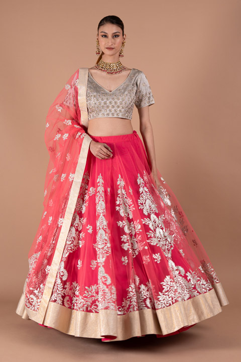 Fuschia Floral Net Lehenga