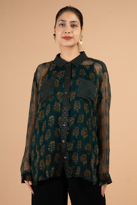 Green Floral Chiffon Shirt
