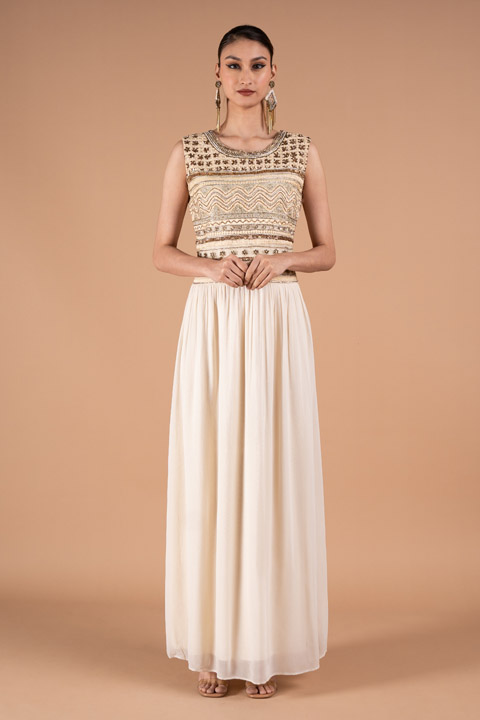 Off White and Gold Evening Gown