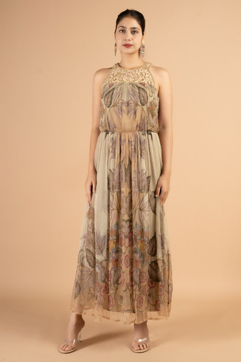 Beige Floral Chiffon Long Dress