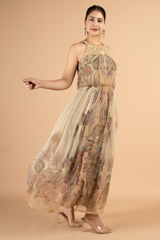 Beige Floral Chiffon Long DressDSC03588
