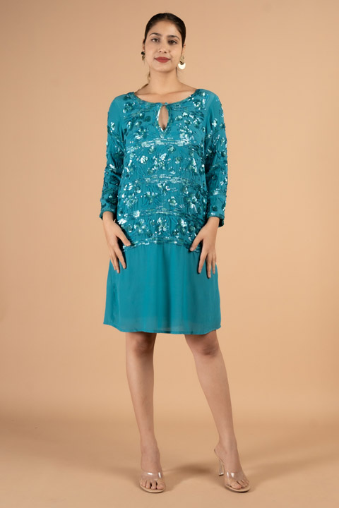 Teal Embellished Mini Dress