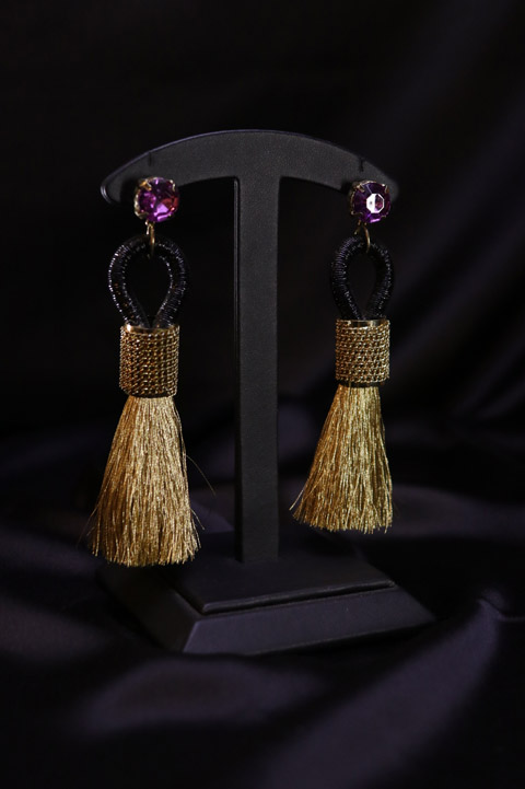 Pink Stud Gold Tassel Earrings