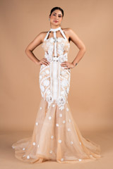 Beige And White Floral Embroidery Gown