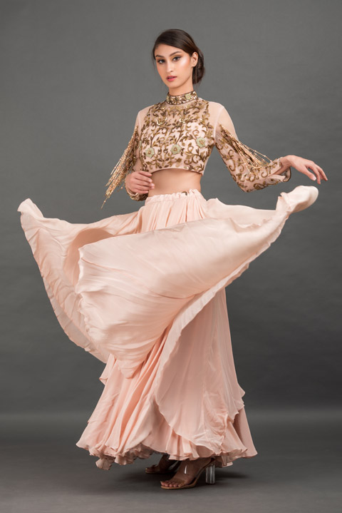 Peach Hand Embroidered Top Bottom Set