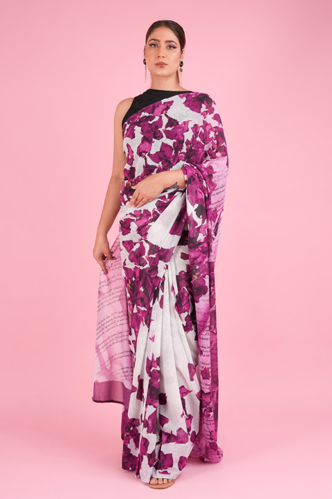 Vintage Purple Rose Print Saree