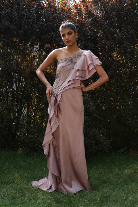 Ruffled  Gown With Hand Embroidery