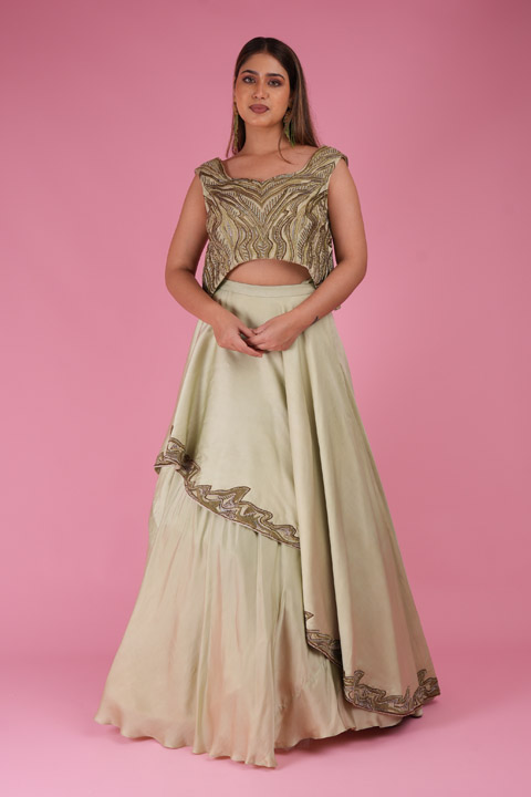 Green Embroidered Layered Top Bottom Set