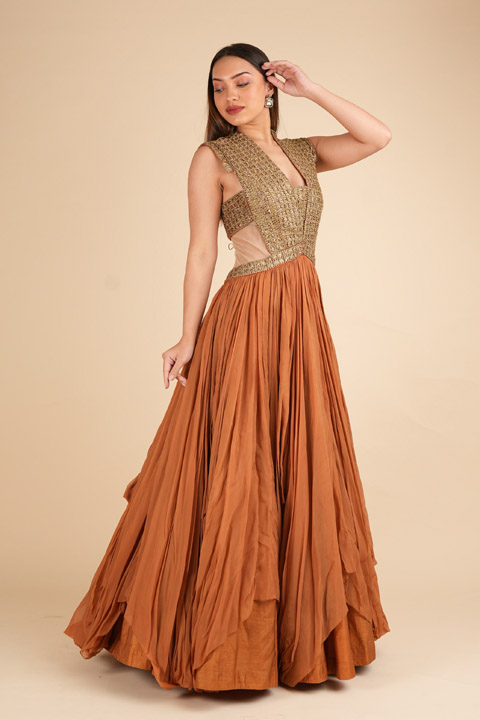 Beige Taffeta Silk Gown