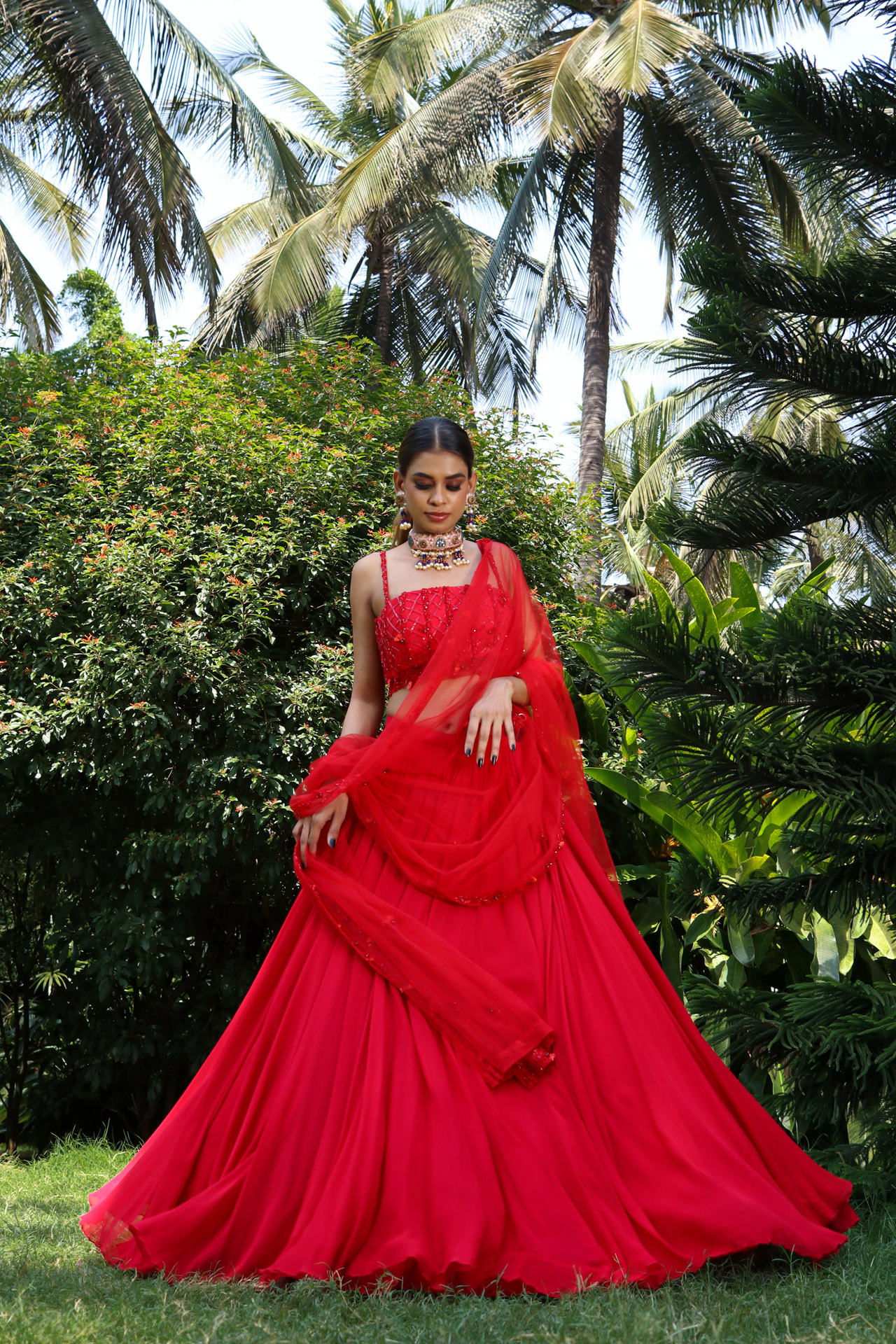 RED EMBELLISHED LEHENGA