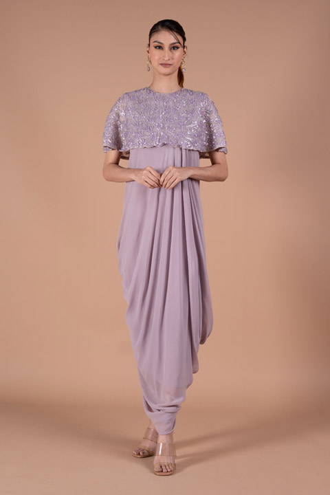 Lavender Saree Gown With Crochet Cape