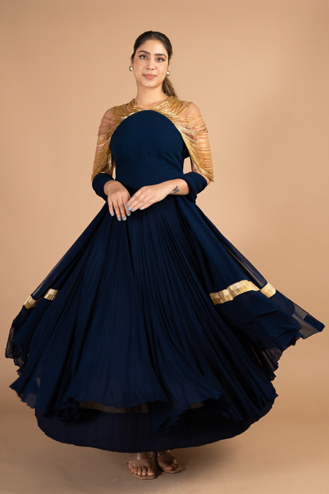 Navy Blue Shoulder Tassel Gown