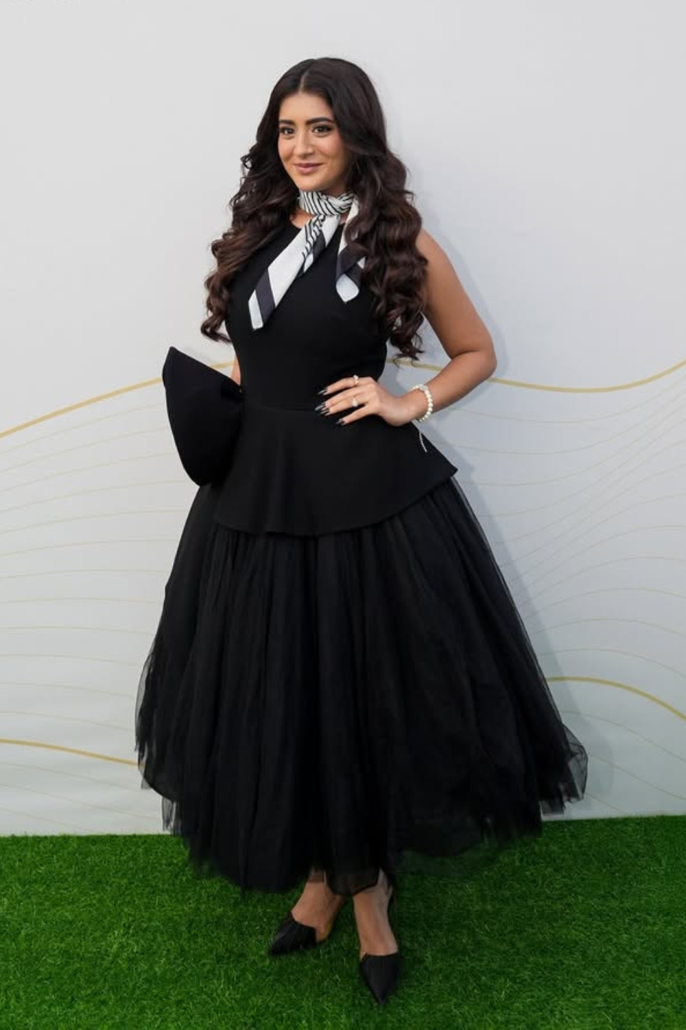 Black Peplum Midi Dress With 3D Flower Embellishment