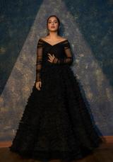 Black Frill Gown With Draped Sleeves