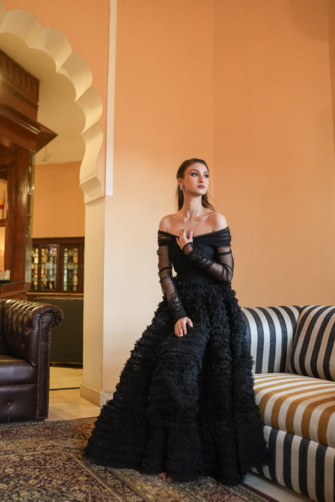 Black Frill Gown With Draped Sleeves