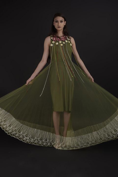 Military Green Bubble Pearl Gown