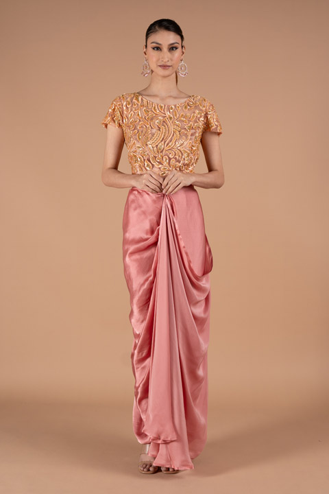 Peach Embroidered Blouse And Drape Skirt