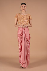 Peach Embroidered Blouse And Drape Skirt