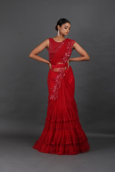 Red Two Tier Glass Bead Embroidered Saree