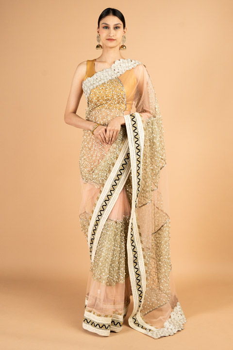Peach And Golden Saree