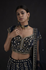 Navy Blue Dabka And Pearl Lehenga Set_DTR8831