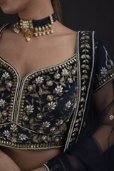 Navy Blue Dabka And Pearl Lehenga Set_DTR8832