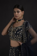 Navy Blue Dabka And Pearl Lehenga Set_DTR8834