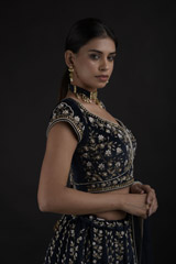 Navy Blue Dabka And Pearl Lehenga Set_DTR8835