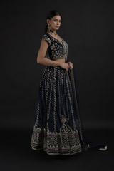 Navy Blue Dabka And Pearl Lehenga Set_DTR8838