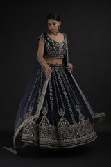 Navy Blue Dabka And Pearl Lehenga Set