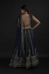 Navy Blue Dabka And Pearl Lehenga Set_DTR8846