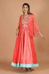 Coral Gown With Bat Sleeves