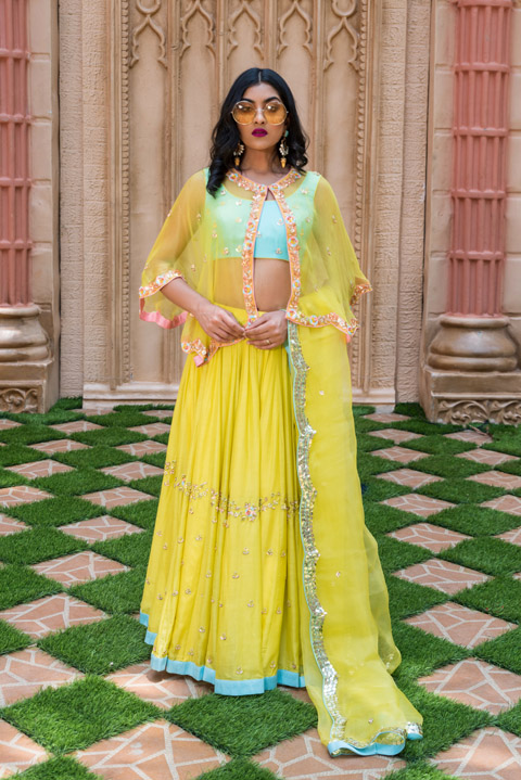 Lime Organza Cape Lehenga