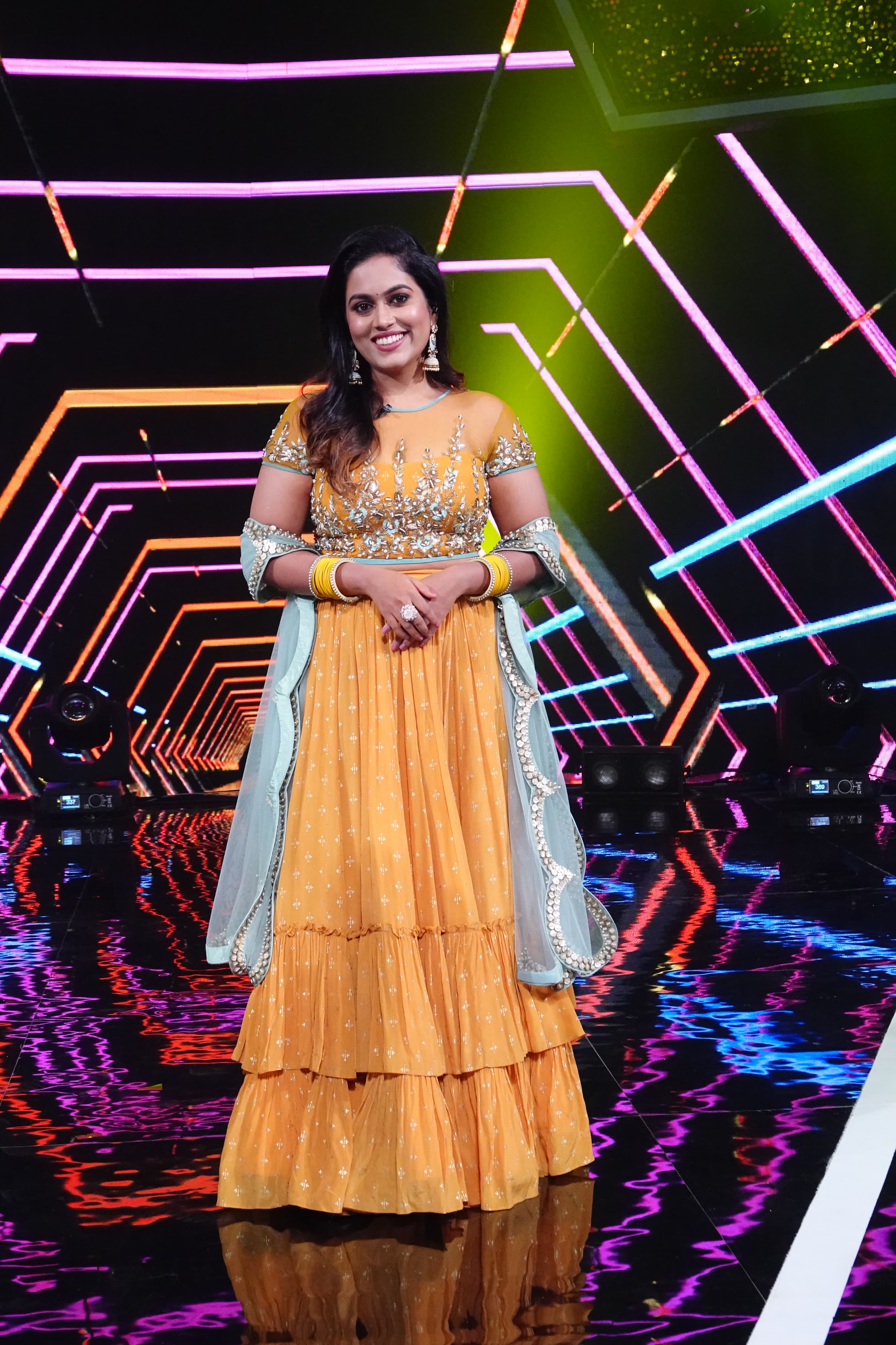 Mustard Foil Printed Kali Lehenga