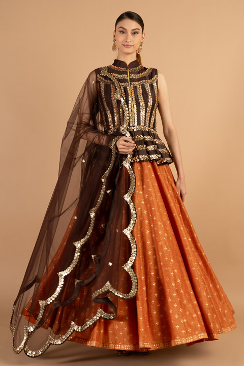Stand Collar Peplum Lehenga