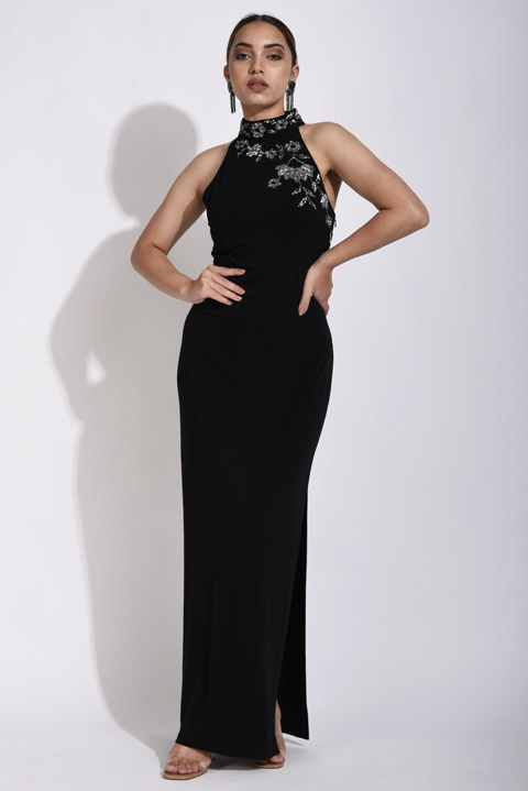 Black Halter Neck Embellished Gown