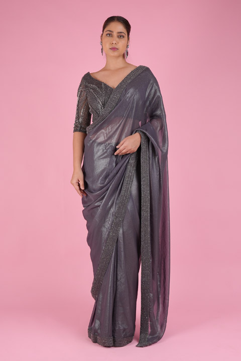 Grey Embellished Saree Set